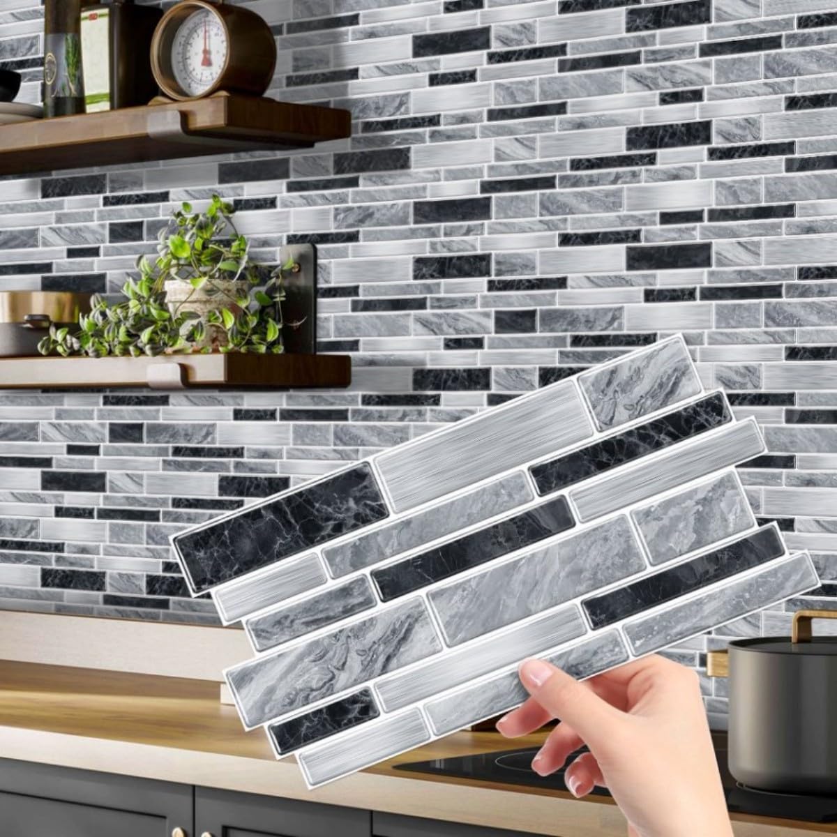 Heikki Peel-and-Stick Self-Adhesive Wall Tiles, 4.7×9.7-inch Kitchen & Bathroom Splashback Tiles, Marble Pattern Design (48-Piece Set) (Black-Gray)