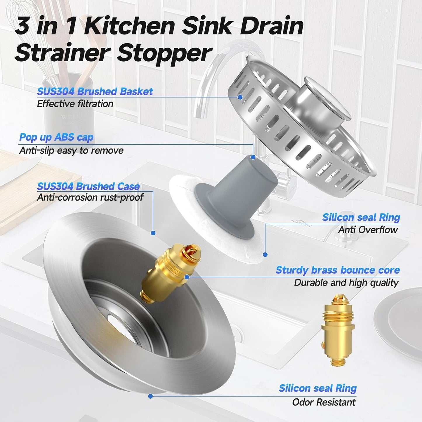 ULIOLI 3 in 1 Kitchen Sink Drain Strainer Sink Stopper, Stainless Steel Sink Drain Strainer with Anti-Clogging Basket, Kitchen Sink Drain Filter Plug for US Standard 3-1/2 Inch Drain (1Pack)
