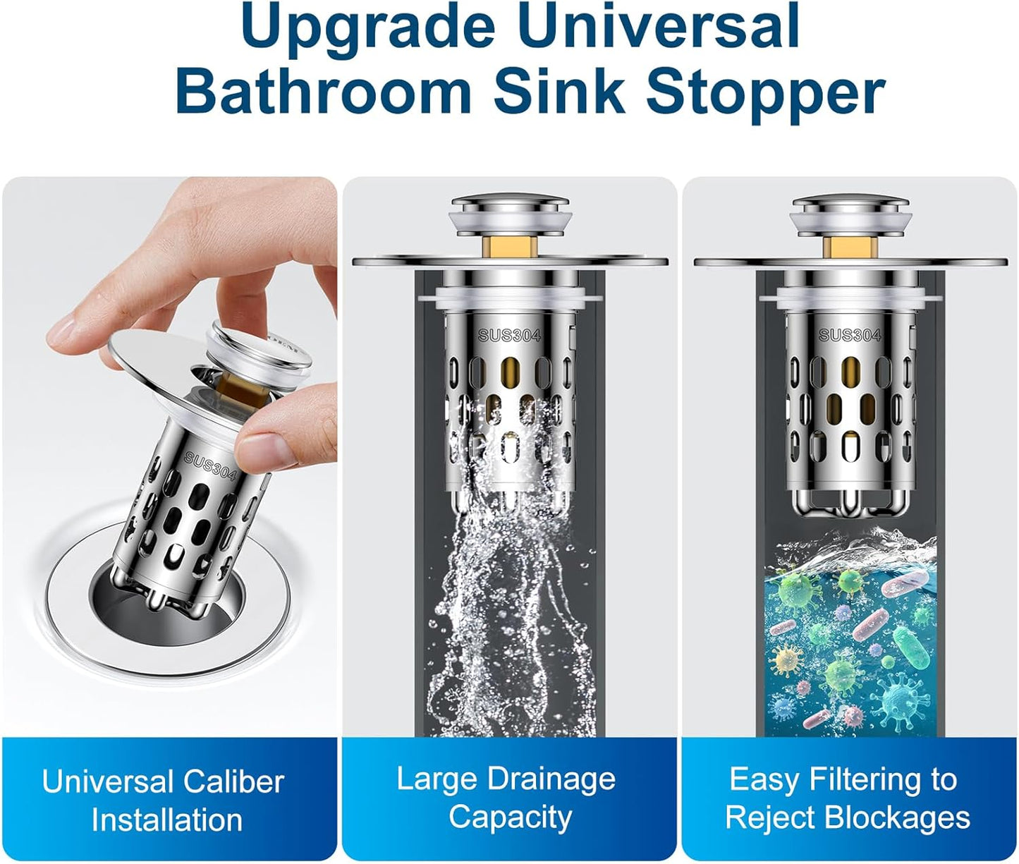 Bathroom Sink Drain Strainer,All Metal Pop-Up Sink Stopper with Removable Stainless Steel Filter Basket, Universal Bathroom Hair Catcher Fit for 1.1-2.36'' Drain (Silver, 2 Pack)