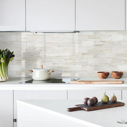 Vamos Tile 100-Piece Glossy Dolomite White Peel and Stick Backsplash Tile,3''x6'' PVC Subway Tile with White Grout, Stick on Backsplash for Kitchen/Bathroom/Fireplace