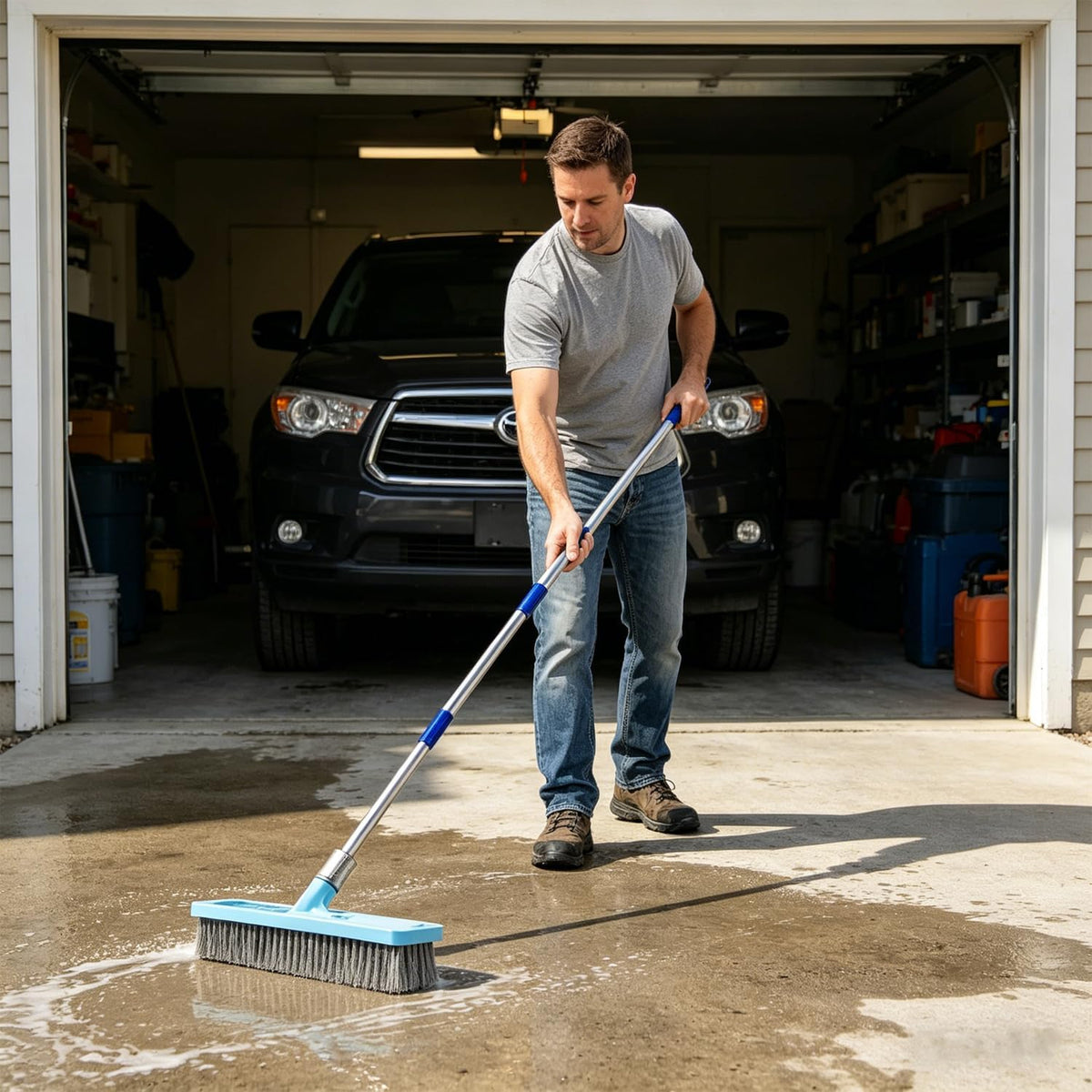 60'' Stainless Steel Deck Scrub Brush with Long Handle - Heavy Duty Floor Scrubber for Concrete, Grout, Garage, Patio, Boat & Garden - Stiff Bristle Broom for Moss, Tough Stains & Dirt Removal