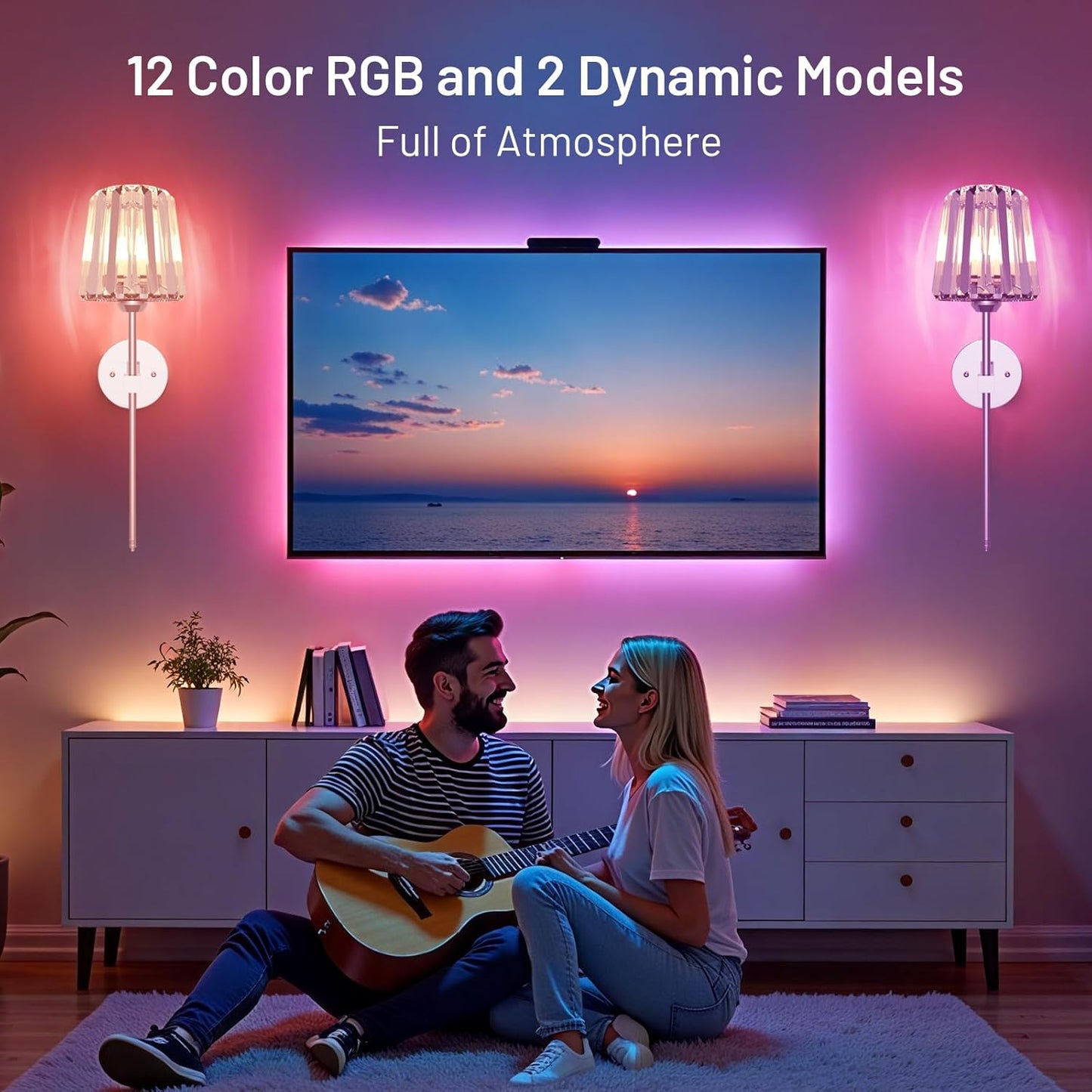 Crystal Battery Operated Wall Sconces Set of 2, Gold Rechargeable Wireless Wall Sconce Lights with Crystal Lampshade, 12 RGB and 3CCT Dimmable Wall Lamps with Remote for Bedroom Living Room Hallway