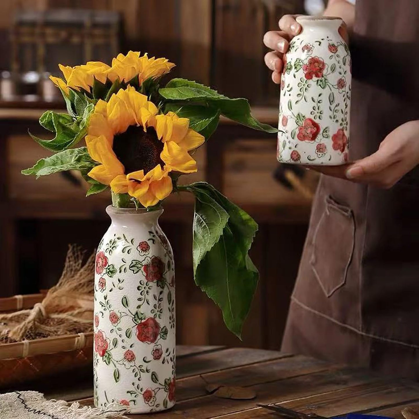 Rustic Ceramic Vase Set of 3 - Beige Rustic Vases for Flowers,Farmhouse Flower Vases for Home Decor,Small Decorative Vase Set for Living Room,Table Shelf,Centerpieces and Fireplace Decorations
