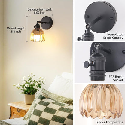 Shenmoyl Vintage Battery Operated Wall Sconce with Transparent Tulip Glass Lampshade Rechargeable Battery Powered Wall Light with Remote Control for Bedside Bedroom Doorway, Set of 2