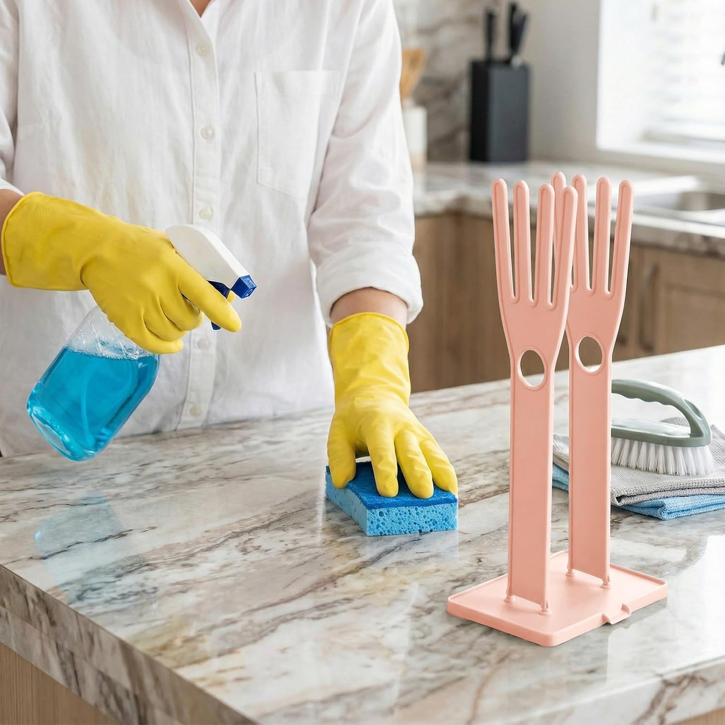 JJUNW 1 Pc Kitchen Gloves Holder, Dish Glove Holder Reusable Plastic Glove Drying Rack, Vertical Pink Rubber Glover Drying Dryer Rack for Dish Gloves Rags Sponge Kitchen Organizer