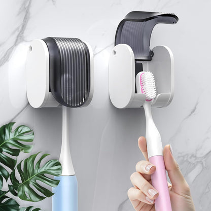 2 Pcs Toothbrush Holders Wall Mounted, Single Slot Design, Shower Self Adhesive Wall Mounted Toothbrush Holder with Cover, Waterproof and Dustproof, Suitable for Bathroom, Family, Travel (Transparent)