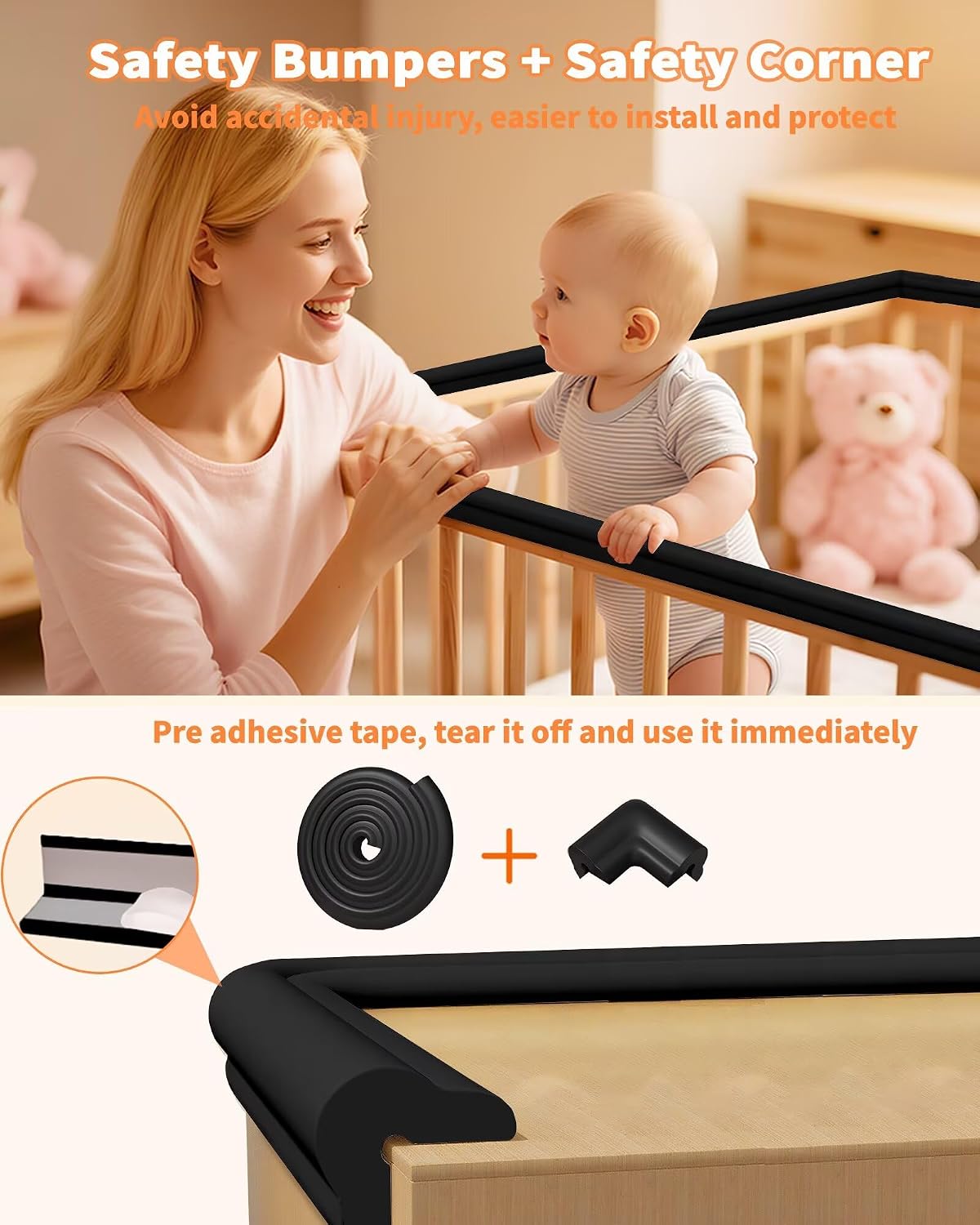 Baby Proofing Edge Protector, 6.6FT, 0.67" Extra Thick, Pre-Taped | L-Shape Air Buffering Soft NBR Rubber Foam Guard, Furniture Corner & Edge Safety Bumpers with 6 Corner Covers, White
