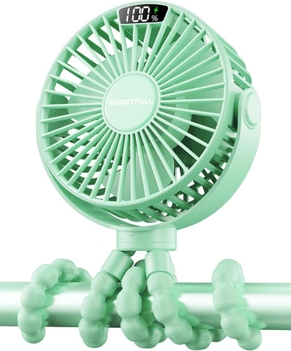 SWEETFULL [2026 Upgrade Portable Stroller Fan with LED Display, 4 Speed Rechargeable Mini Clip On Fan, 360° Rotate Flexible Tripod Better Cooling Small Baby Fan for Car Seat Crib Travel Treadmill
