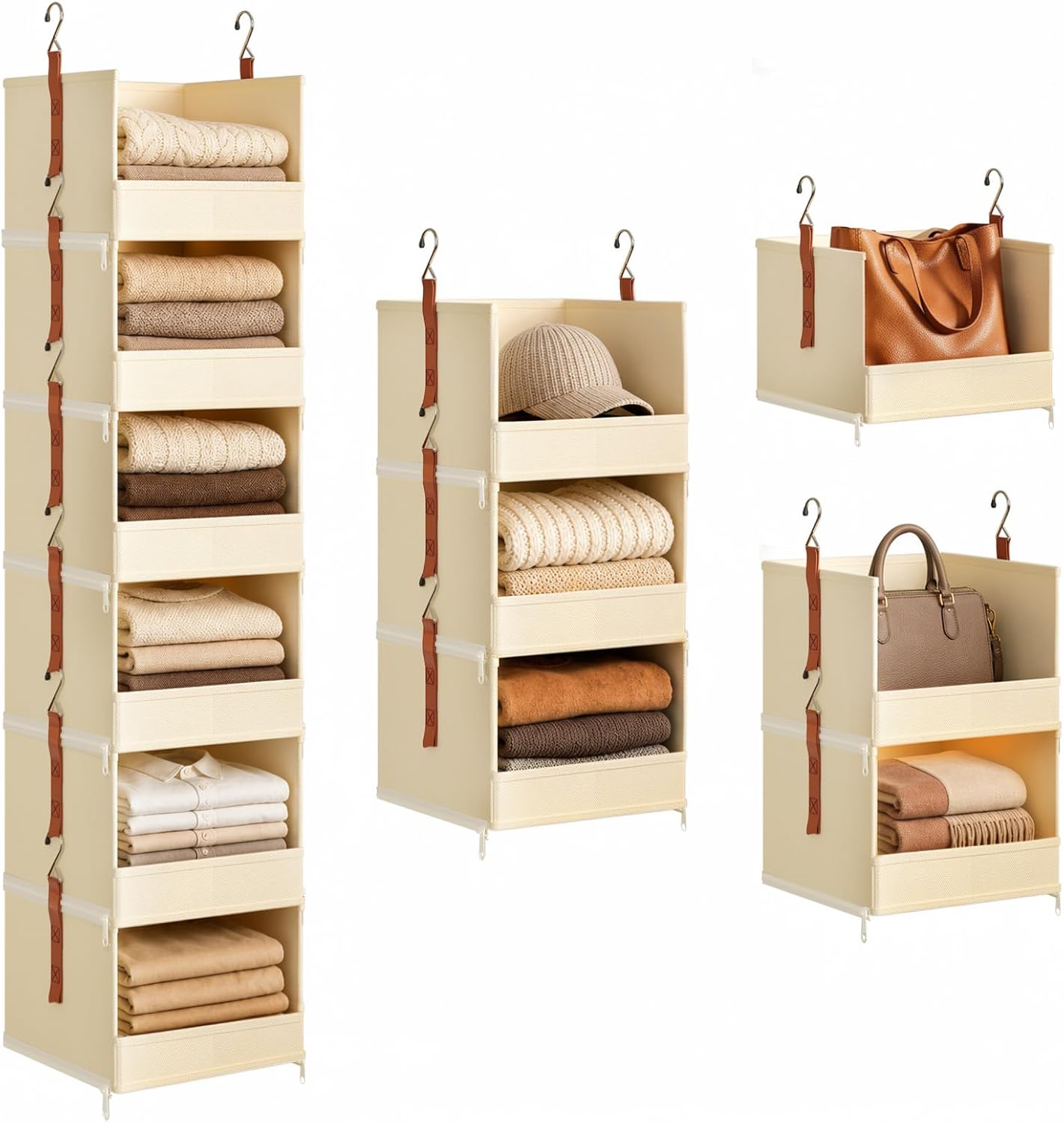 DIMJ Hanging Closet Organizer - 4 Tier Collapsible Hanging Shelves with Hooks Zipper, Fabric Clothes Organizer, Space-Saving Storage Bin Basket for RV, Bedroom, Laundry Organization