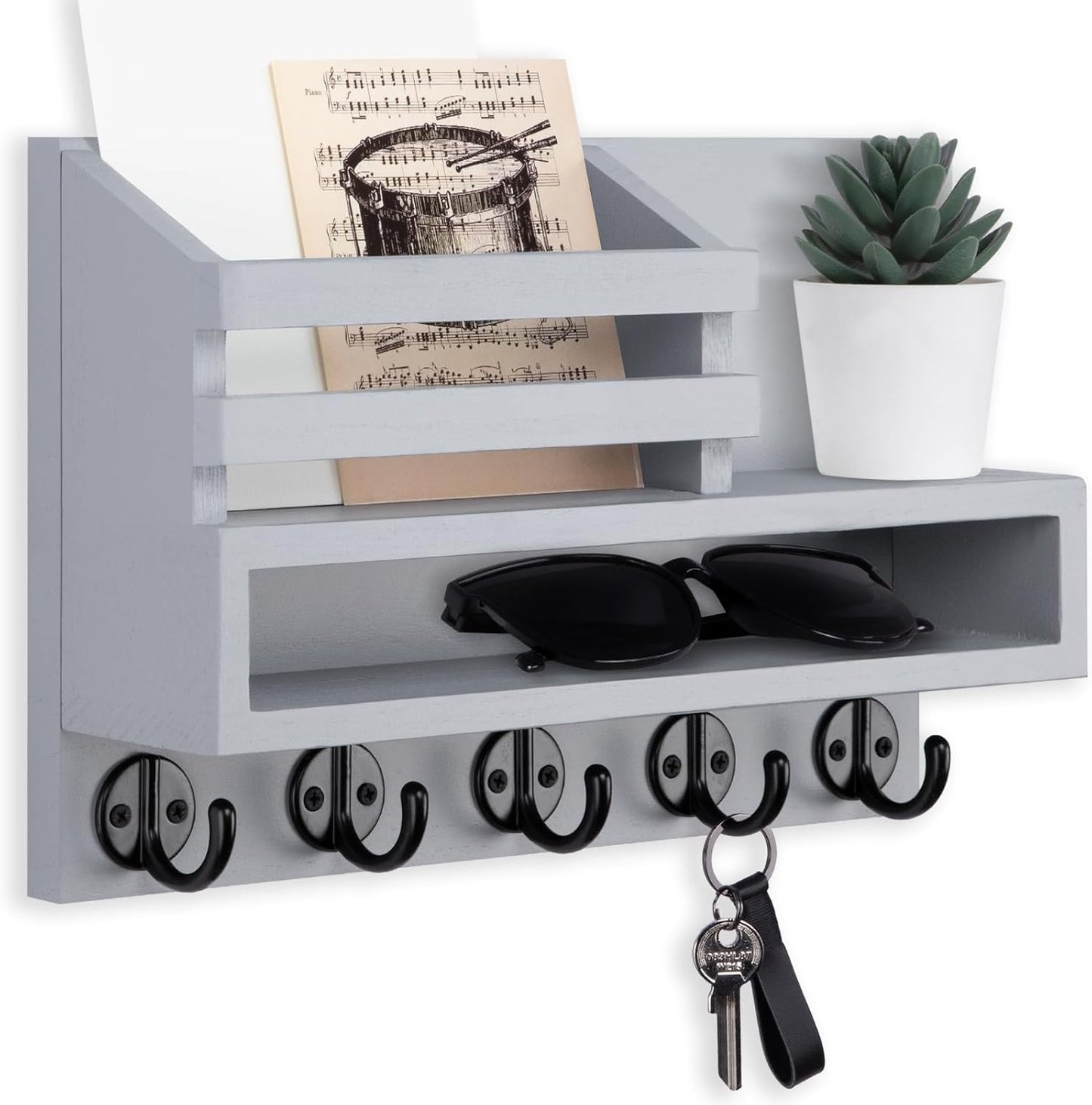 Key and Mail Holder Wall Mount, Key Hanger with Long Storage Box and 5 Hooks for Coat, Dog Leash, Home Decor Rack, House Accessories, Entry Way Organizer 11.8”W x 7.8”H x 3.2”D