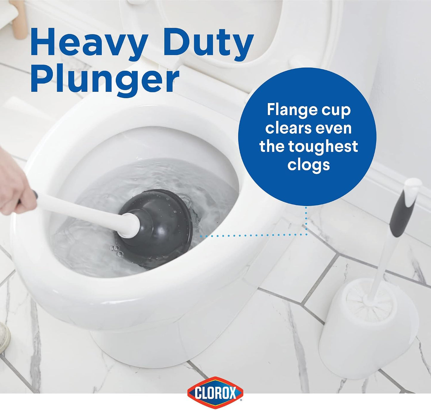 Clorox Toilet Plunger and Brush Bowl Set with Holder Caddy Storage for Cleaning Bathroom and Unclogging Toilets, White and Gray