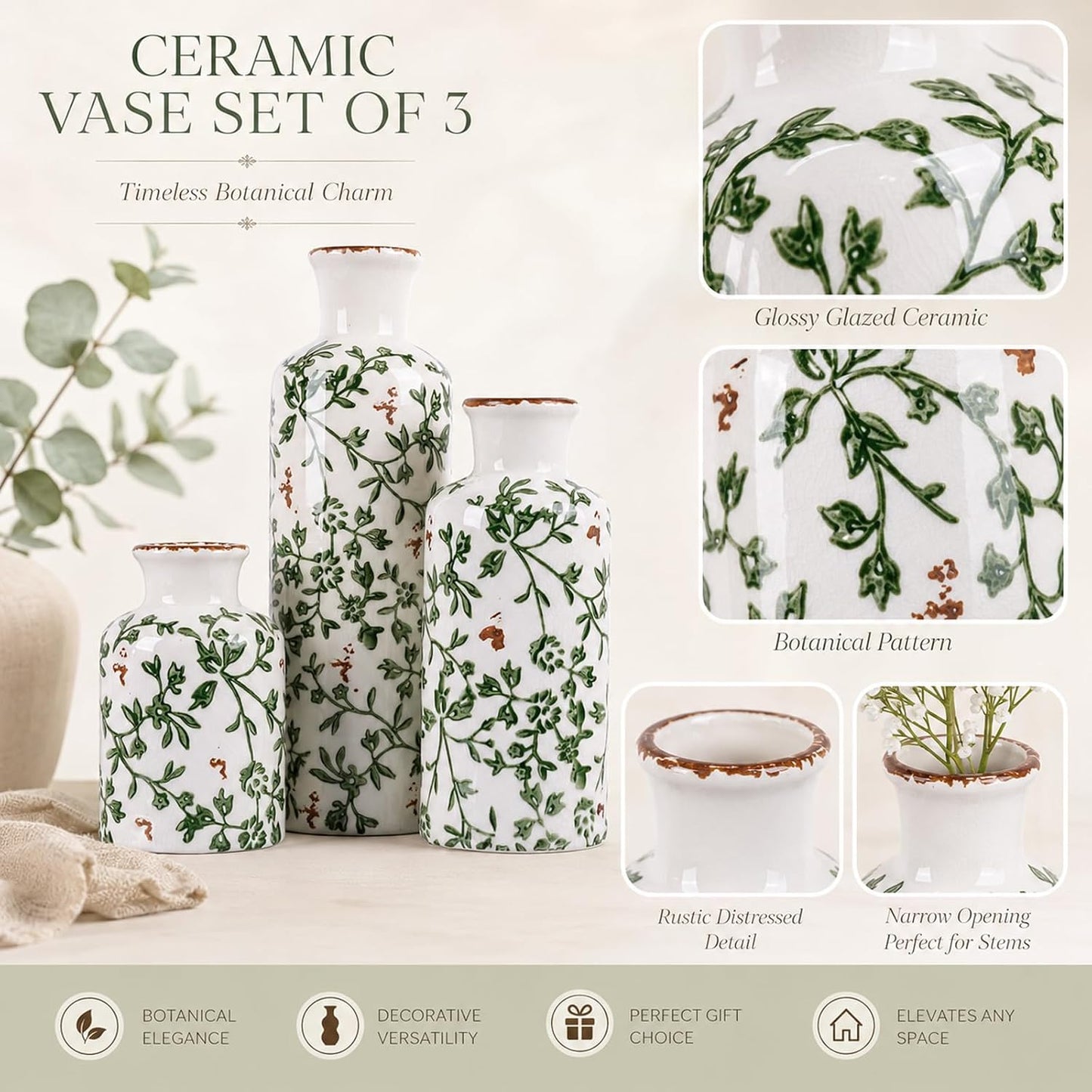 Ceramic Vase Set of 3 – Small Flower Vases, Modern Farmhouse Boho Flower Vases for Home Decor, Rustic Pottery Vases for Centerpieces, Living Room, Shelf, Fireplace, Entryway Decor, Table or Cabinet