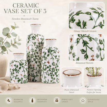 Ceramic Vase Set of 3 – Small Flower Vases, Modern Farmhouse Boho Flower Vases for Home Decor, Rustic Pottery Vases for Centerpieces, Living Room, Shelf, Fireplace, Entryway Decor, Table or Cabinet