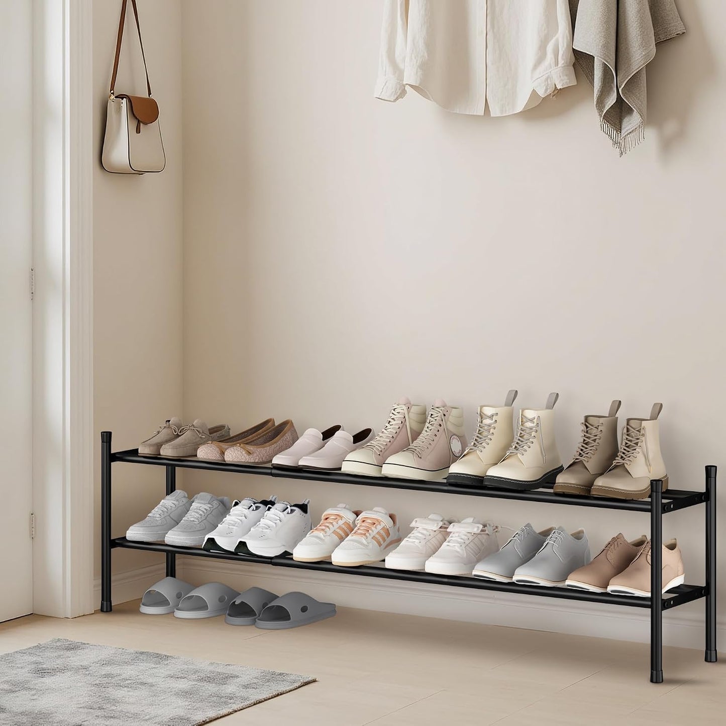 STORAGE MANIAC Long Expandable Shoe Rack, 18 Pairs Metal Wide Stackable Shoe Rack, Adjustable Shoes Shelf, Freestanding Shoes Organizer for Closet, Entryway, Hallway, Garage, Front Door, 3 Tiers