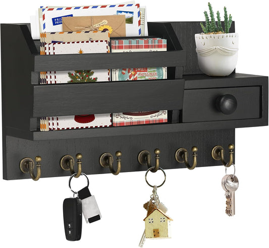 VIS'V Key Holder Wall Mount, Wooden Mail and Key Organizer, White | Contains Little Drawer, Small Shelf, 2 Slots, 6 Hooks, for Entryway, Hallway, Doorway, Kitchen, Garage, RV