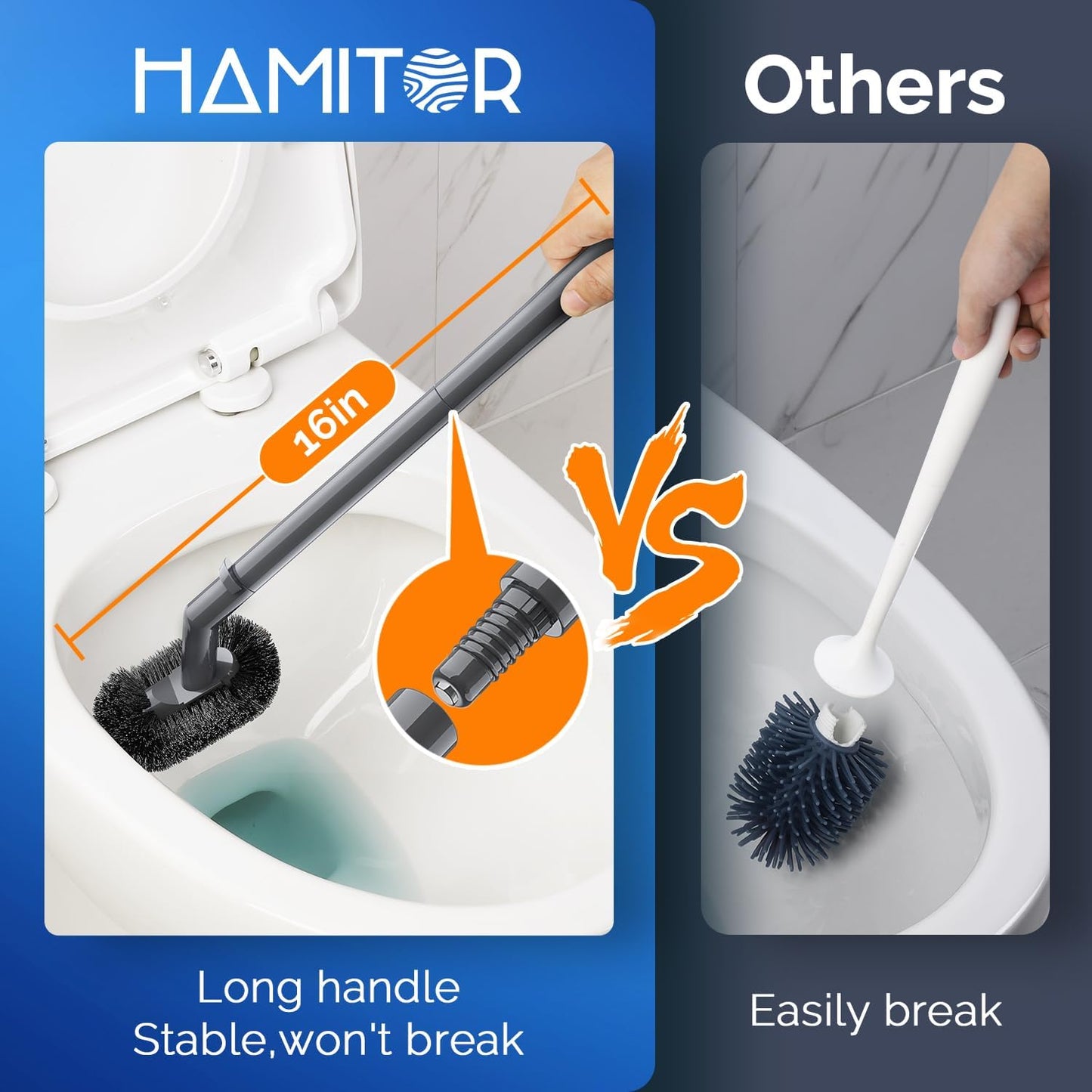 HAMITOR Toilet Plunger Bowl Brush Combo：Heavy Duty Rubber for Drain Clog Remover - Curved Design Bristles for Deep Cleaning Under Rim - Compact Bathroom Cleaning Tools for New Homet Essentials - White