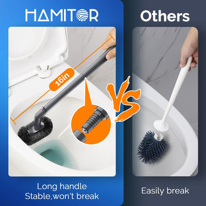 HAMITOR Toilet Plunger Bowl Brush Combo：Heavy Duty Rubber for Drain Clog Remover - Curved Design Bristles for Deep Cleaning Under Rim - Compact Bathroom Cleaning Tools for New Homet Essentials - White
