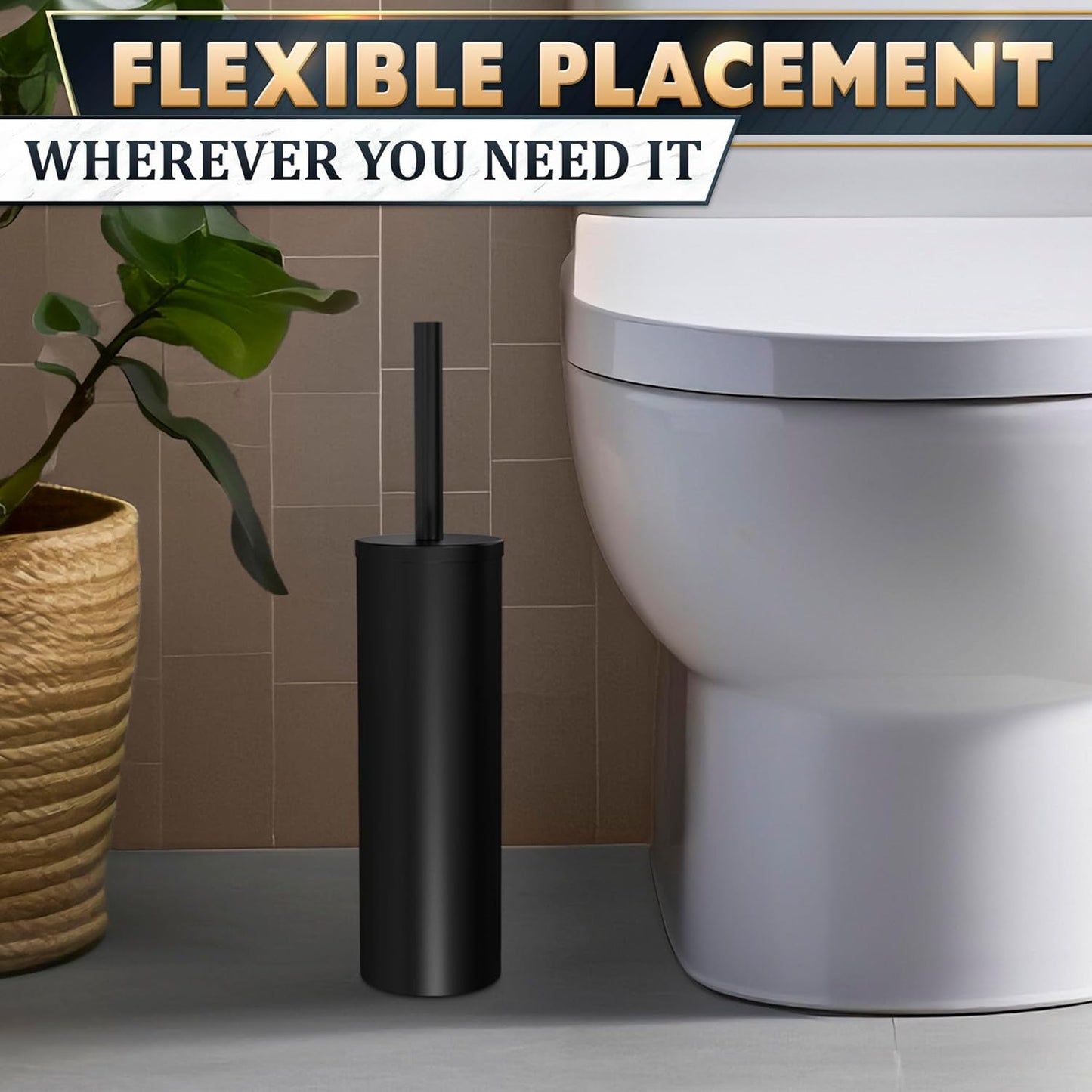 Black Toilet Brush and Holder Set - Slim Matte Design that Fits Anywhere - Stainless Steel Toilet Bowl Brush and Holder with 2 Rounded Corners, Replaceable Head, Removable Inner Bowl & Splash Guard