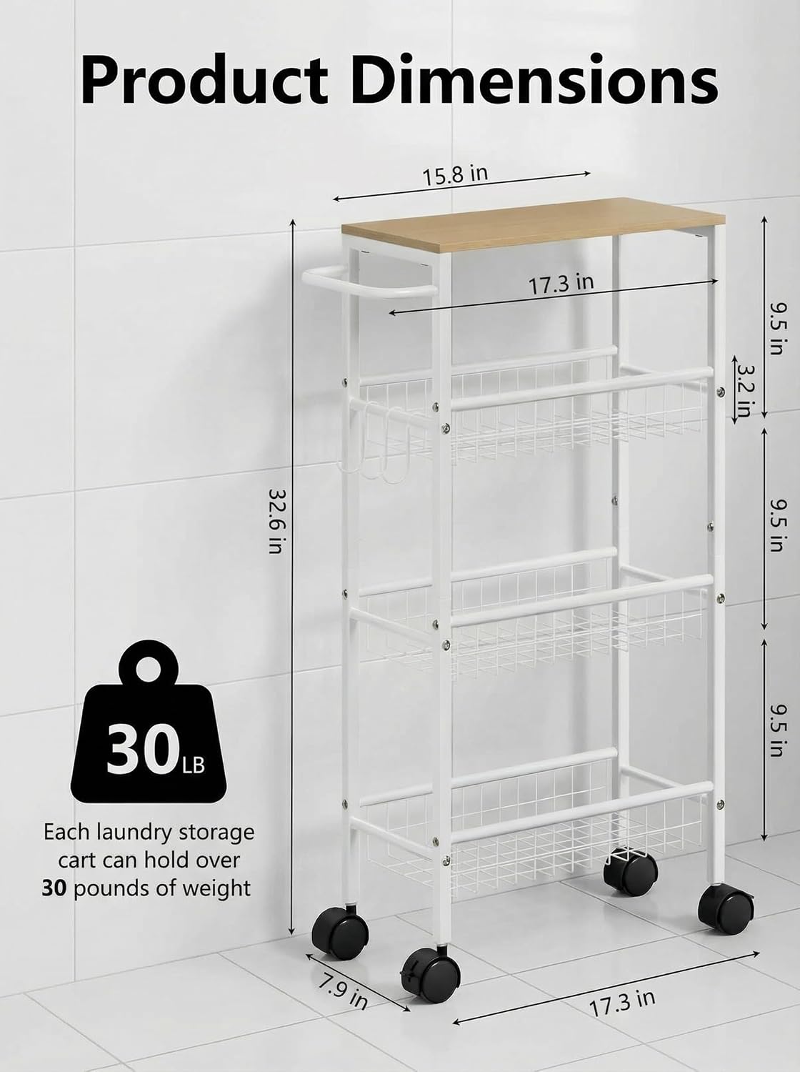 Rolling Utility Cart, 4-Tier Slim Narrow Storage Cart with Wheels for Kitchen, Laundry Room Organization, Metal Bathroom Organizer with Wood Top, Brown, 17.3" x 7.9" x 32.6"