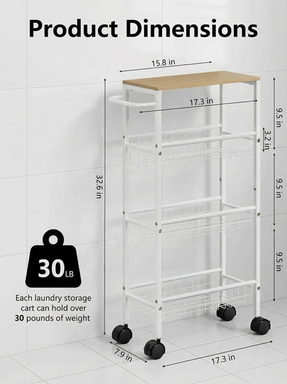 Rolling Utility Cart, 4-Tier Slim Narrow Storage Cart with Wheels for Kitchen, Laundry Room Organization, Metal Bathroom Organizer with Wood Top, Brown, 17.3" x 7.9" x 32.6"
