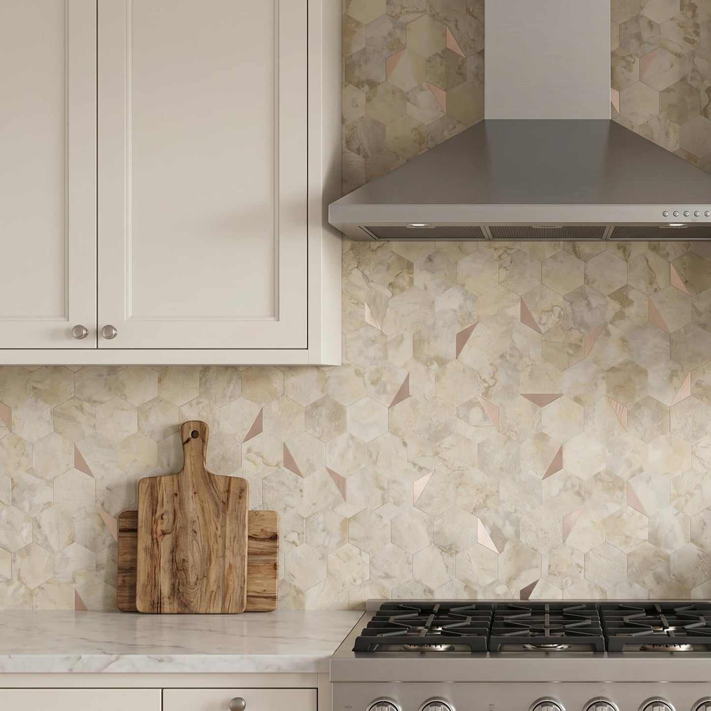 10-Sheet Heavy-Duty Hexagon Peel and Stick Backsplash, Thick Waterproof &Heat Resistant Stick on Wall Tiles, Slate Beige Mosaic for Kitchen & Bathroom, Strong Adhesive Permanent PVC Tiles