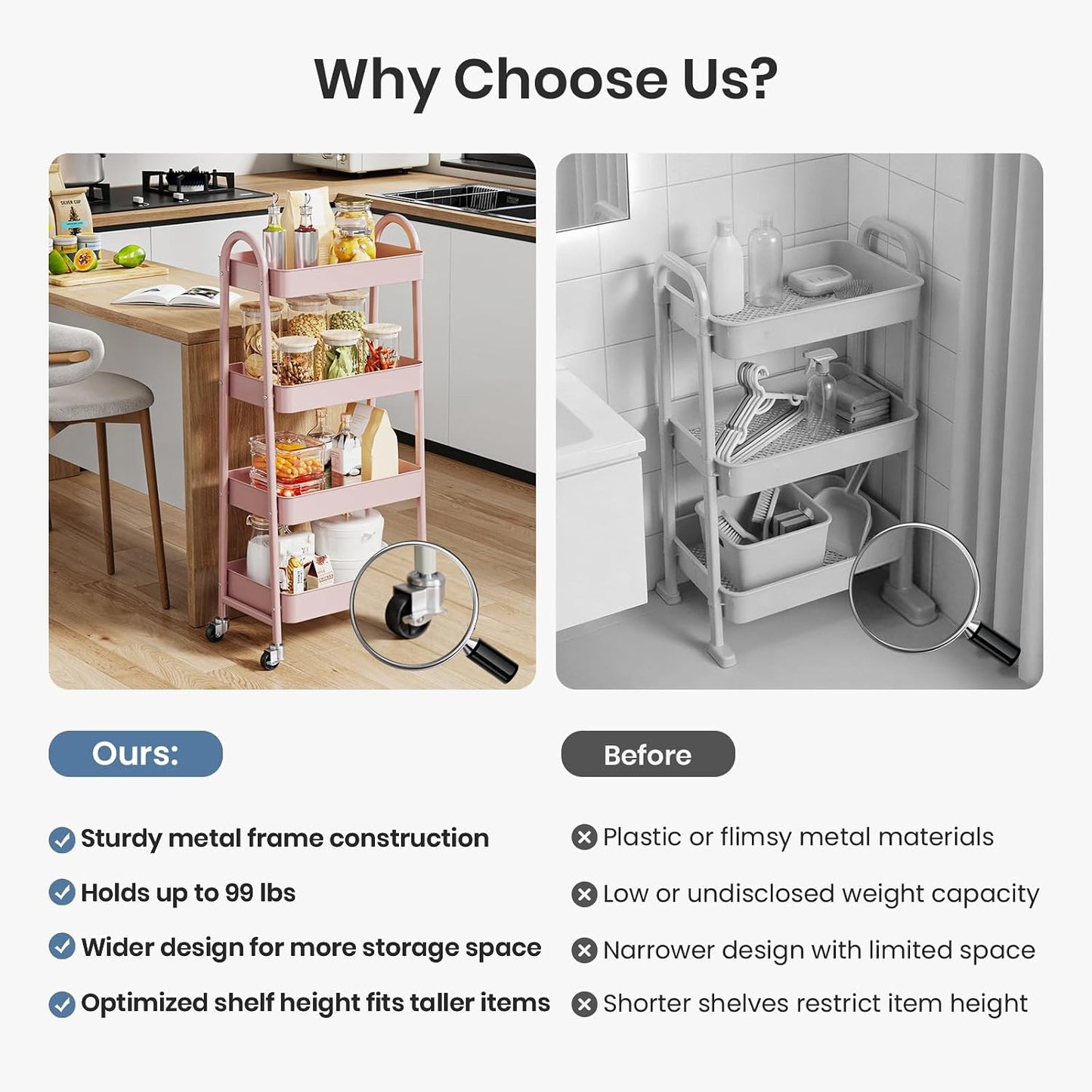 DUMOS 3 Tiers Rolling Cart, Utility Cart, Metal, White | Mobile Storage, Lockable Wheels, Utility Shelving Unit, Kitchen, Bathroom, Laundry, Narrow Places