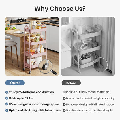 DUMOS 3 Tiers Rolling Cart, Utility Cart, Metal, White | Mobile Storage, Lockable Wheels, Utility Shelving Unit, Kitchen, Bathroom, Laundry, Narrow Places