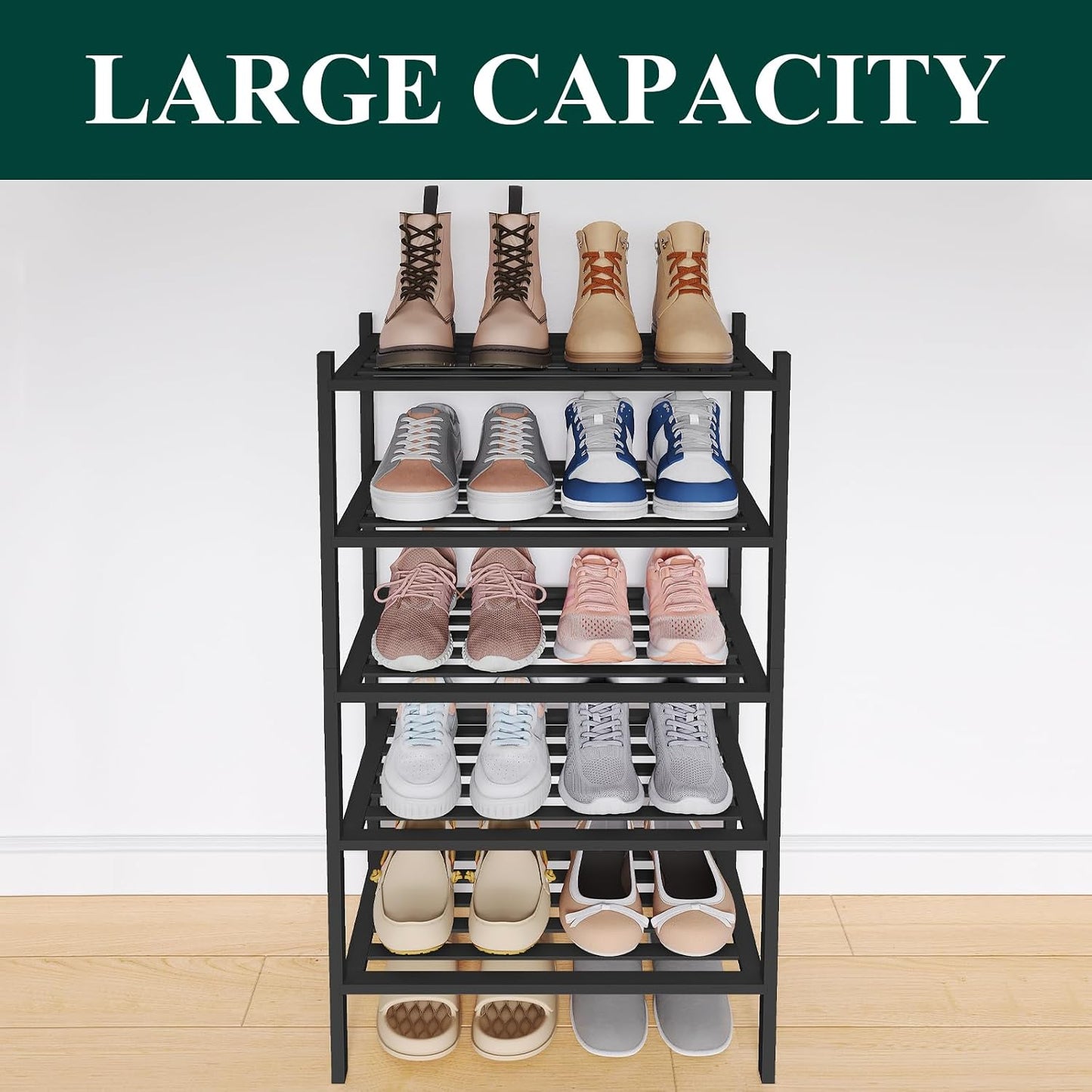 Smiry Bamboo Shoe Rack, 3 Tier Free Standing Wooden Shoe Organizer, Stackable Wood Shoe Storage Shelf for Closet, Entryway, 5 Horizontal Slats, 26.8"x11"x18.3", Natural