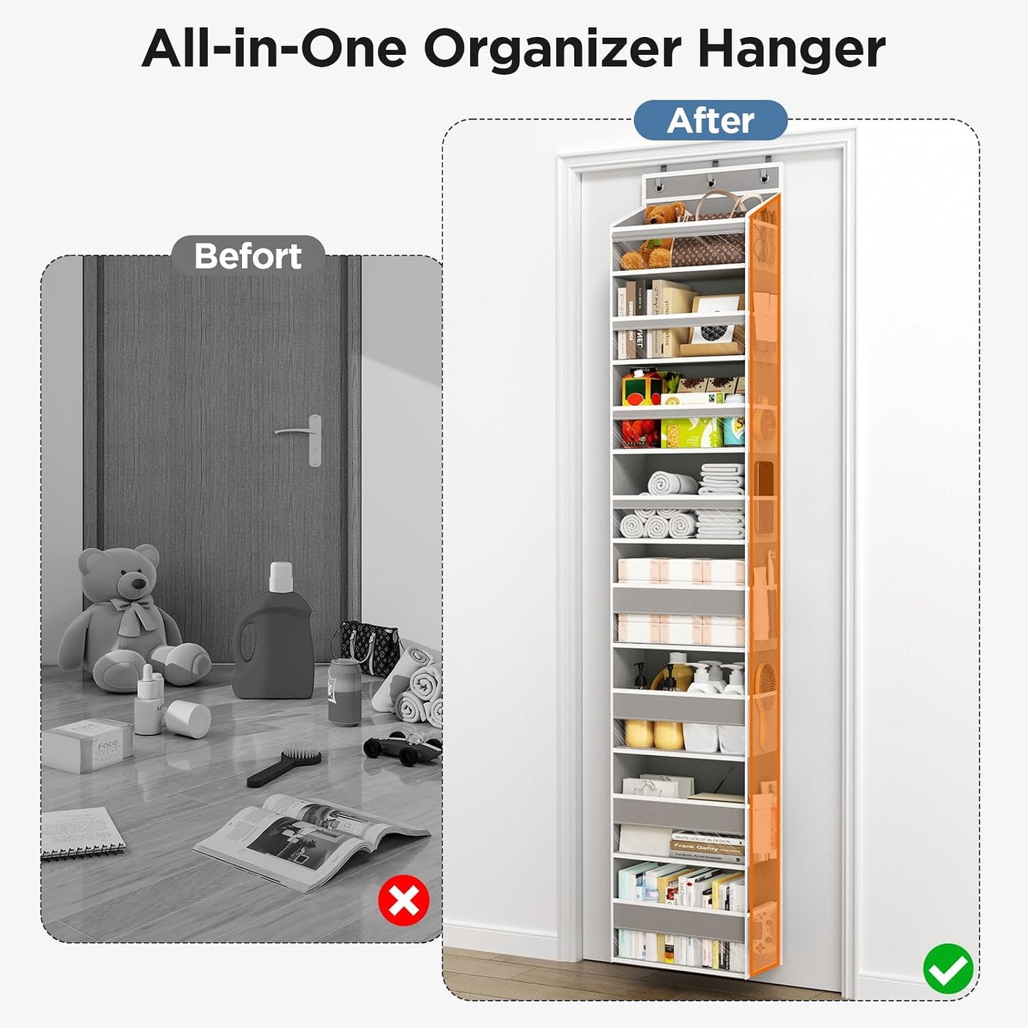 6 Tiers Over The Door Organizer, Heavy Duty Hanging Organizer Storage with Large Capacity Pockets, Behind Door Storage Hanging Shelves for Closet Wall Bathroom Bedroom Nursery Pantry, 1 Pack Grey