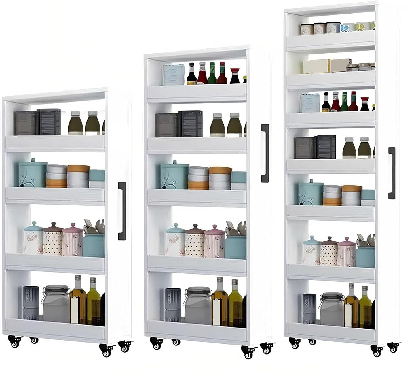 Slim Storage Cart with Wheels, Narrow Shelf Unit for Small Spaces, MDF Skinny Rolling Kitchen Rack with Handle for Laundry Room, Bathroom & Kitchen Gap, Custom Size