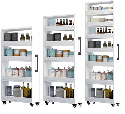 Slim Storage Cart with Wheels, Narrow Shelf Unit for Small Spaces, MDF Skinny Rolling Kitchen Rack with Handle for Laundry Room, Bathroom & Kitchen Gap, Custom Size