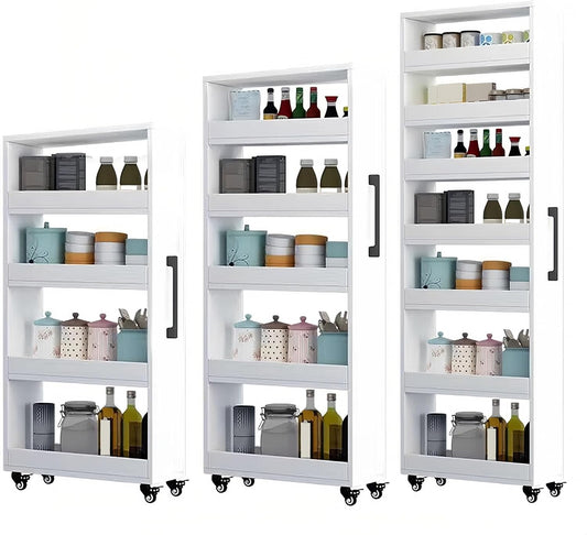 Slim Storage Cart with Wheels, Narrow Shelf Unit for Small Spaces, MDF Skinny Rolling Kitchen Rack with Handle for Laundry Room, Bathroom & Kitchen Gap, Custom Size