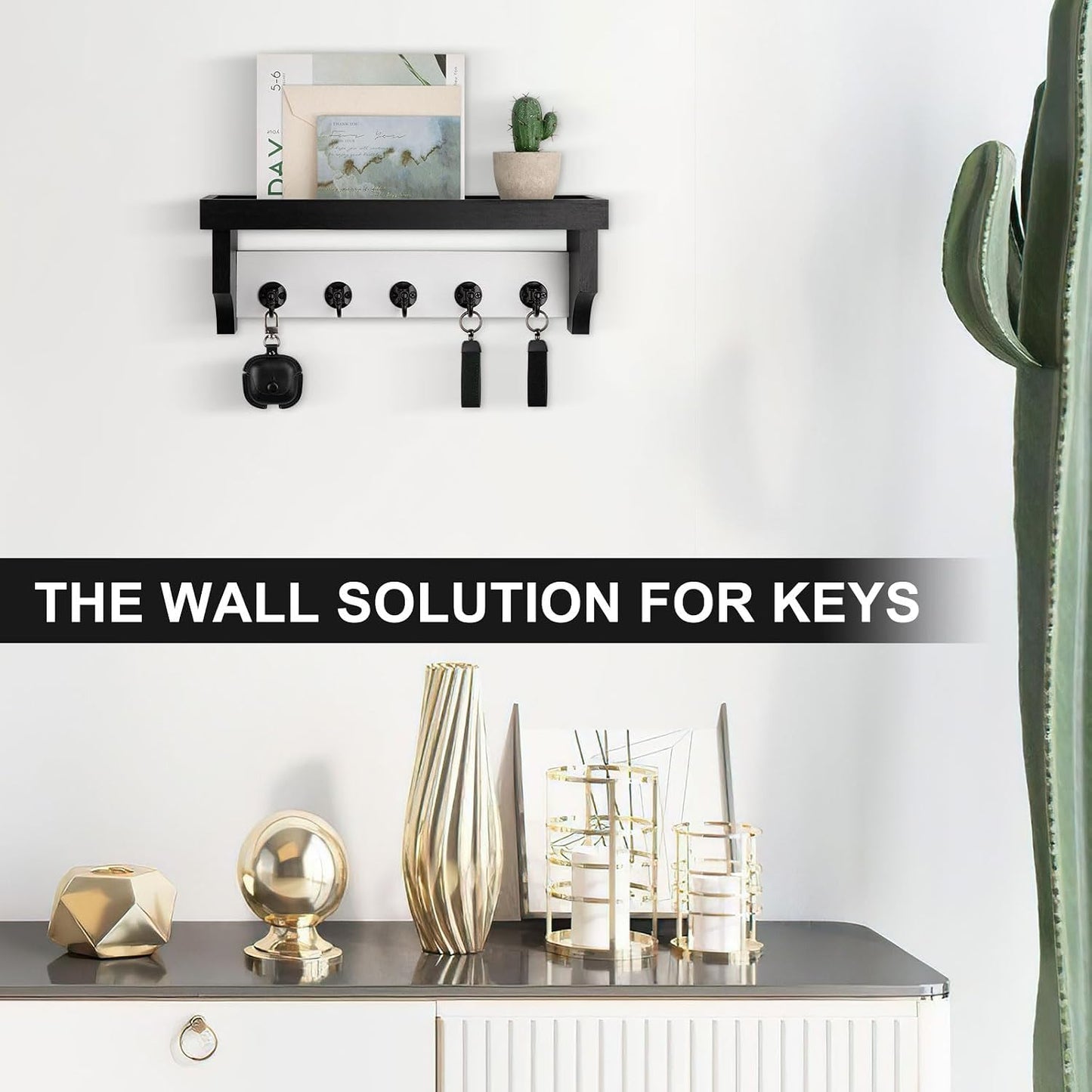 Key and Mail Holder Wall Mount, Key Holder with Shelf and Mail Organizer Wall Mount. Mail Holder with 5 Hooks for Coat, Dog Leash, Home Decor Rack, Entry Way Organizer (White)