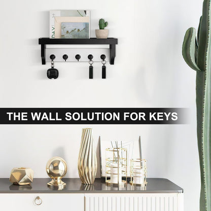 Key and Mail Holder Wall Mount, Key Holder with Shelf and Mail Organizer Wall Mount. Mail Holder with 5 Hooks for Coat, Dog Leash, Home Decor Rack, Entry Way Organizer (White)