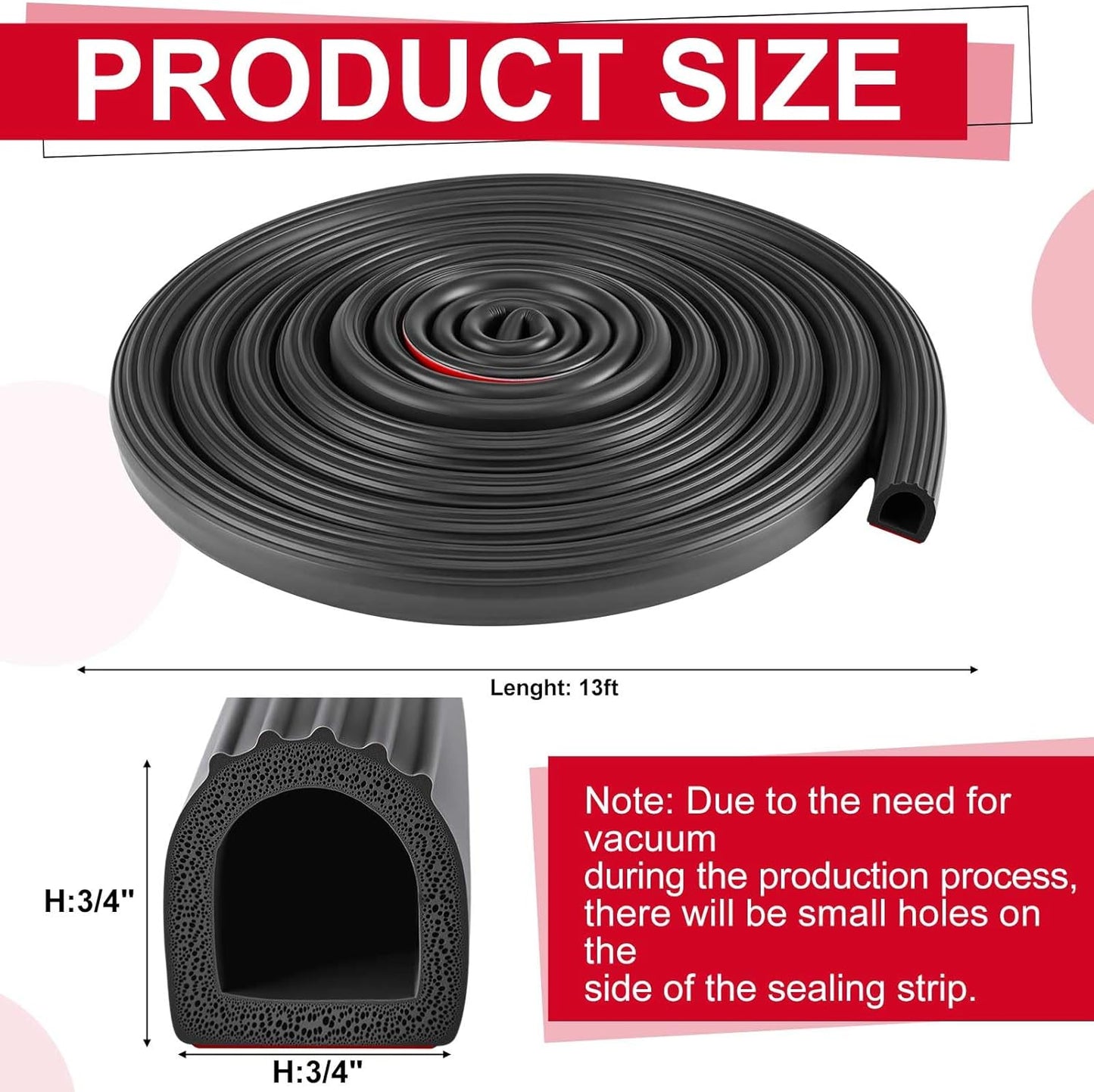 Pangda 13Ft D Shape Rubber Weather Stripping Foam Self-Adhesive EPDM Seal Strip for Noise Reduction Waterproof Dustproof for Cars Boats RVs Windows Doors (3/4" W x 3/4" H)