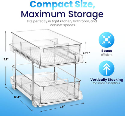Masirs 2-Tier Clear Pull-Out Drawer Organizer - Sleek, Compact & Sturdy Makeup and Closet Organizer - Easy Assembly Kitchen Storage Solution, Ideal for Makeup, Tools, Medicines & Snacks