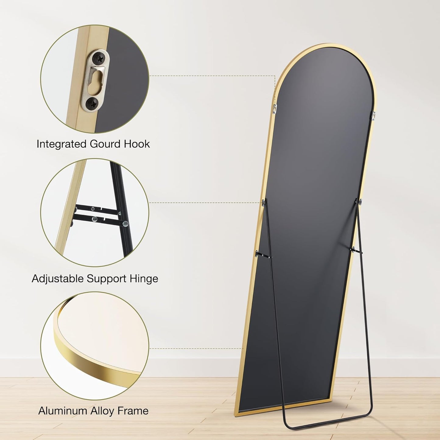 OLIXIS 64"x 21.5" Arched Mirror Full Length, Full Body Mirror with Stand, Hanging or Leaning for Wall, Floor Standing with Shatter-Proof Glass for Bedroom, Living Room, Long, Black