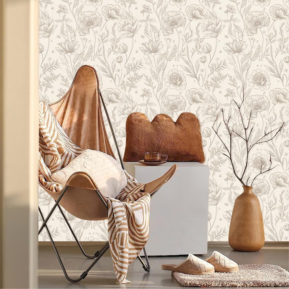 MuralPeel Modern Beige Black Wildflower Flowers Peel and Stick Wallpaper Self Adhesive Removable Easy Peel Off Stick on Wall Paper for Bedroom Cabinet Renter