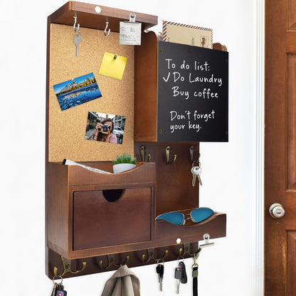 Key Holder for Wall Mount with Shelf and Mail Organizer, Key and Mail Holder with 16 Hooks, Farmhouse Entryway Organizer, Home Decor Rack (Pine Wood, Black)