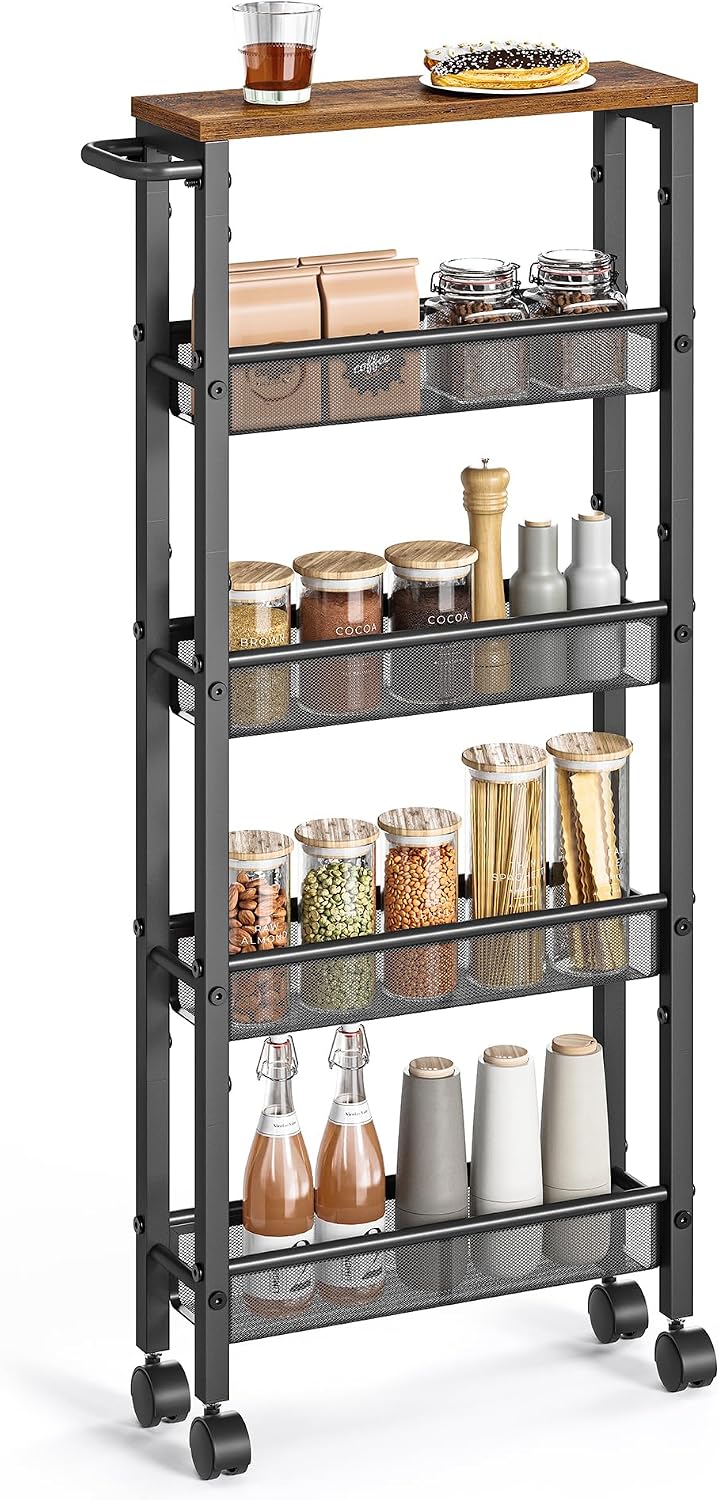 VASAGLE Slim Rolling Cart, 4-Tier Narrow Storage Cart with Handle, 5.1 Inches Deep, Metal Frame, for Kitchen, Dining Room, Living Room, Home Office, Rustic Brown and Classic Black ULRC032B01V1