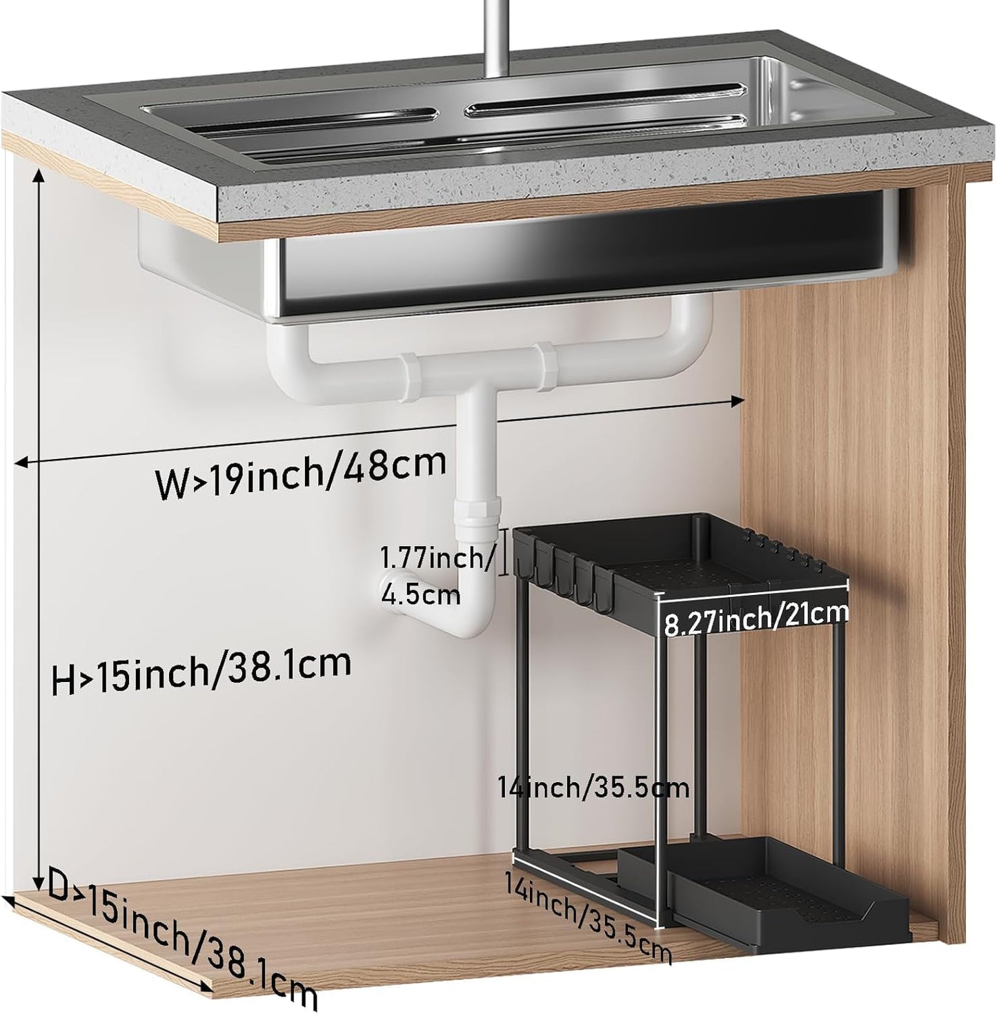 2 Pack black Under Sink Organizers and Storage, 2-Tier Sliding Cabinet Basket Organizer with Hooks, Multi-Purpose Under Sink Organizers and Storage for Bathroom Kitchen