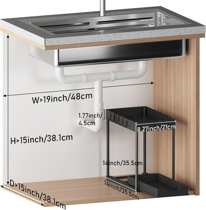 2 Pack black Under Sink Organizers and Storage, 2-Tier Sliding Cabinet Basket Organizer with Hooks, Multi-Purpose Under Sink Organizers and Storage for Bathroom Kitchen