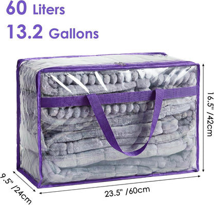 SGHUO Blanket Storage Bags 60L Extra Large Plastic Vinyl Clear Storage Bag for Clothes, Comforter, Bedding, Moving Bags with Zipper and Reinforced Handle (4pcs)