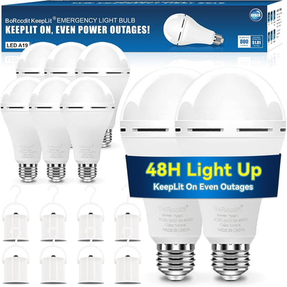 BoRccdit A21 6PK Emergency-Rechargeable-Light-Bulb, Keep Lighting During Power Outage, 12W 6500K LED 65W Equivalent Light Bulbs, 1200 mAh Battery Backup Light Bulbs for Home Power Failure