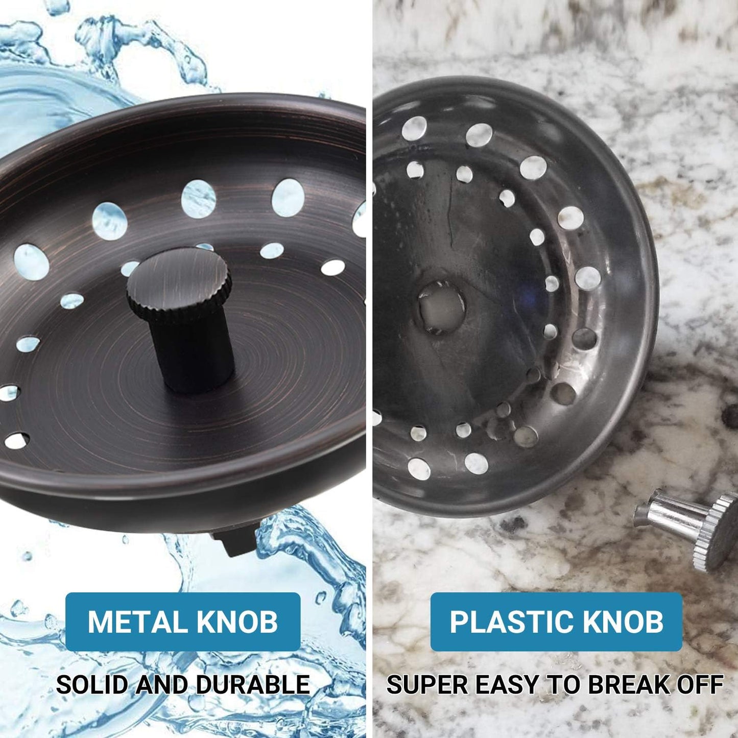 KONE 2PCS Kitchen Sink Basket Strainer Replacement for 3-1/2 Inch Standard Drains Brushed Stainless Steel Body Metal Center Knob with Rubber Stopper