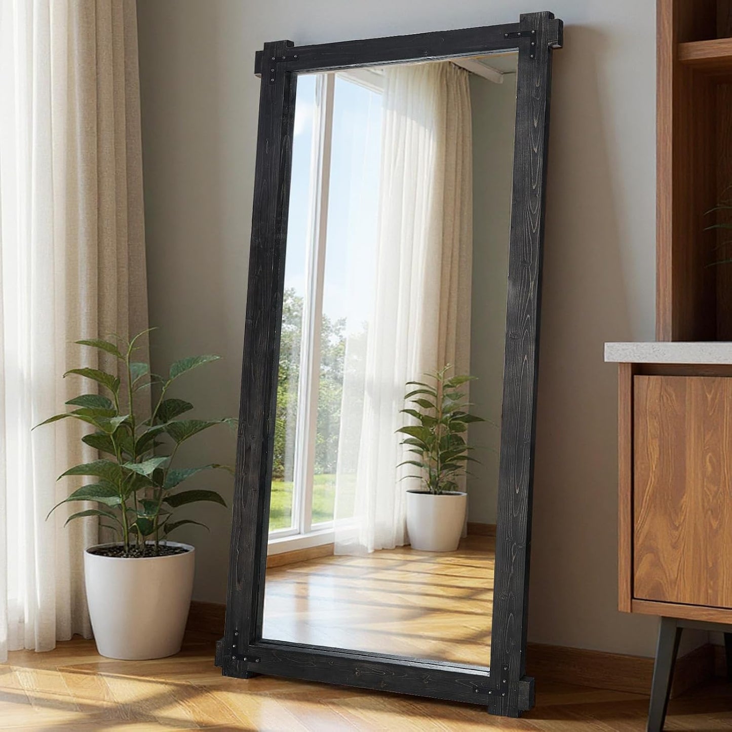 65x24 Inch Full Length Mirror, Pine Frame Full Body Standing Mirror with Metal Decorative, Black