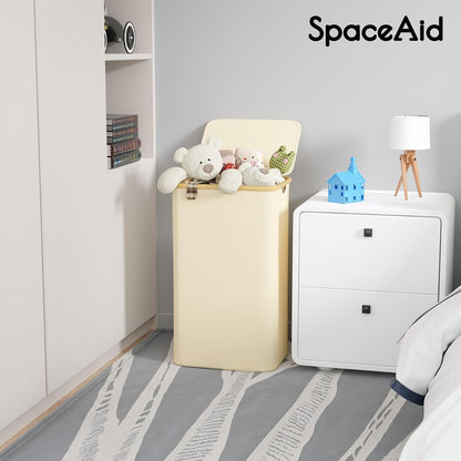 SpaceAid Double Laundry Hamper 2 Section with Lid and Removable Laundry Bags, 160L Clothes Basket with Bamboo Handles, Large Collapsible Hamper for Bedroom, Bathroom, Dorm, Laundry Room - White