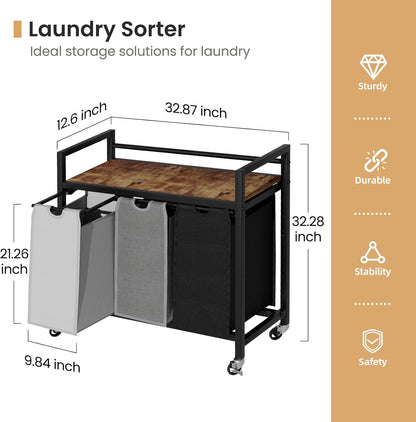 SwaaVee Laundry Sorter, Laundry Hamper 3 Section, 3×11.4Gal, Metal Frame Rolling Laundry Basket with Wooden Top Shelf, Pull out and Removable Laundry Bags, 3 Bags-Gray