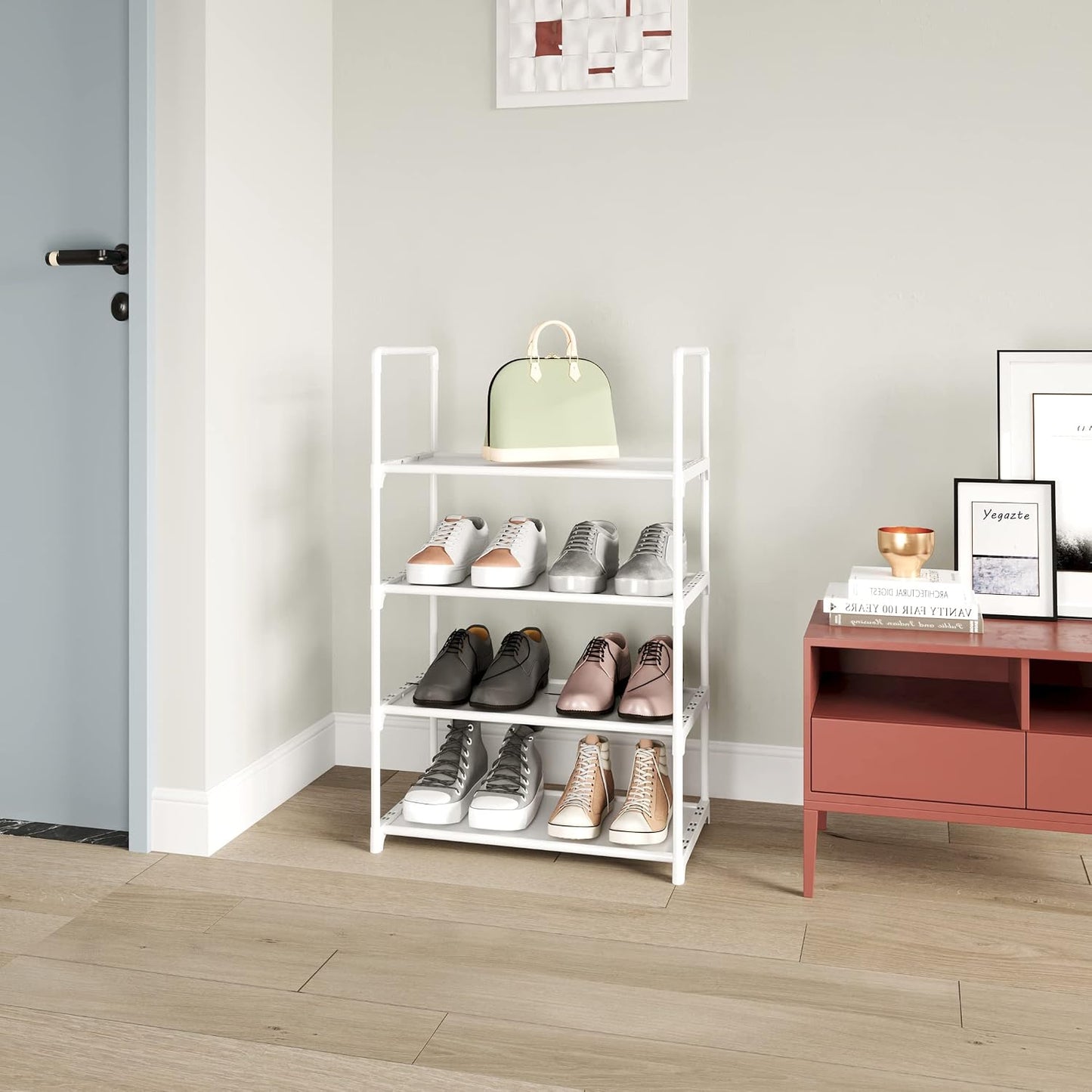 Upgrade Stackable Small Shoe Rack, 4-Tier Shoe Shelf Storage Organizer with Handle for Entryway, Hallway and Closet (Black)