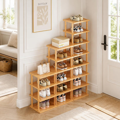 SAN HE 7-Tier Modern Bamboo Shoe Rack - Vertical, Slim, Space-Saving Shoe Organizer for Small Spaces, Closet, Entryway, Corner, Garage, Bedroom